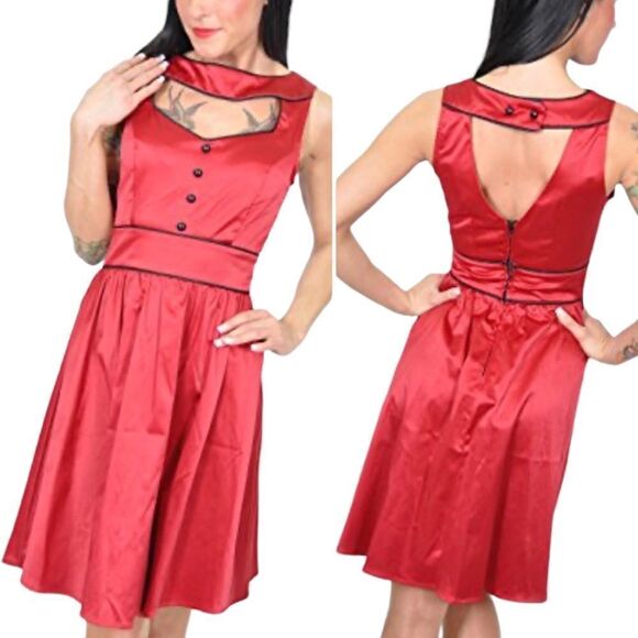 Folter The Scarlett Red Satin Retro Pin Up Rockabilly Fit Flare Dress Sz L NWT - Picture 14 of 16